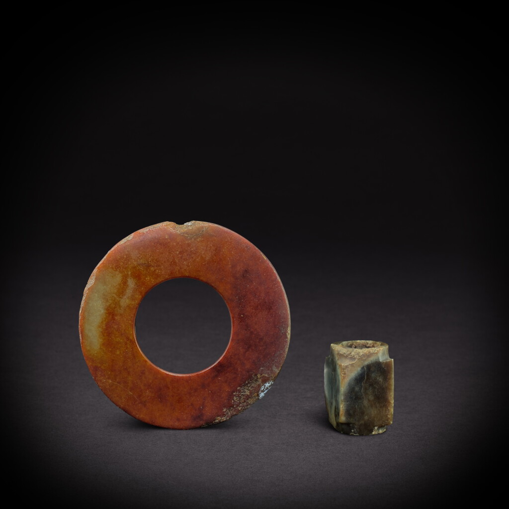 View full screen - View 1 of Lot 3489. A jade disc, huan, and a jade cong, Neolithic period, Longshan culture | 新時期時代 龍山文化 玉環及玉琮.