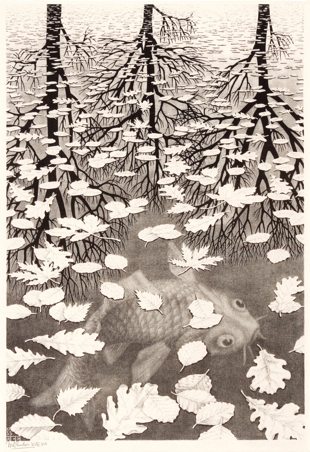 View full screen - View 1 of Lot 405. M. C. ESCHER | DRIE WERELDEN (THREE WORLDS) (BOOL, KIST, LOCHER, WEIRDA 405).
