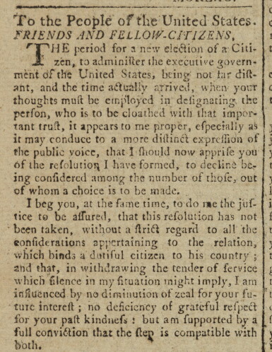 View full screen - View 1 of Lot 108. WASHINGTON, GEORGE | George Washington’s Farewell Address ("To the People of the United States, Friends and Fellow-Citizens") in The Salem Gazette, Vol. X, No. 537. Salem: Printed and Published by William Carlton, Tuesday, September 27, 1796.