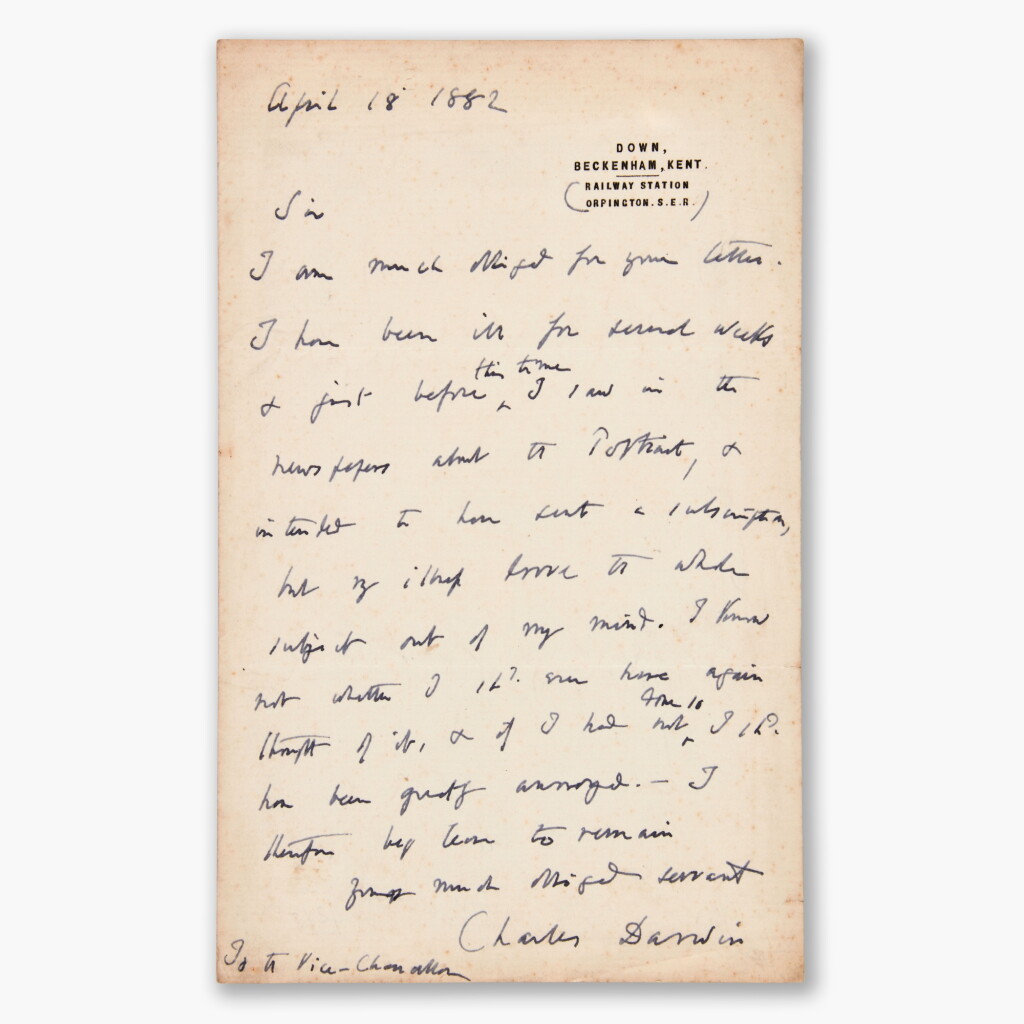 View full screen - View 1 of Lot 98. Charles Darwin | Autograph letter signed, 18 April 1882, his last known letter.