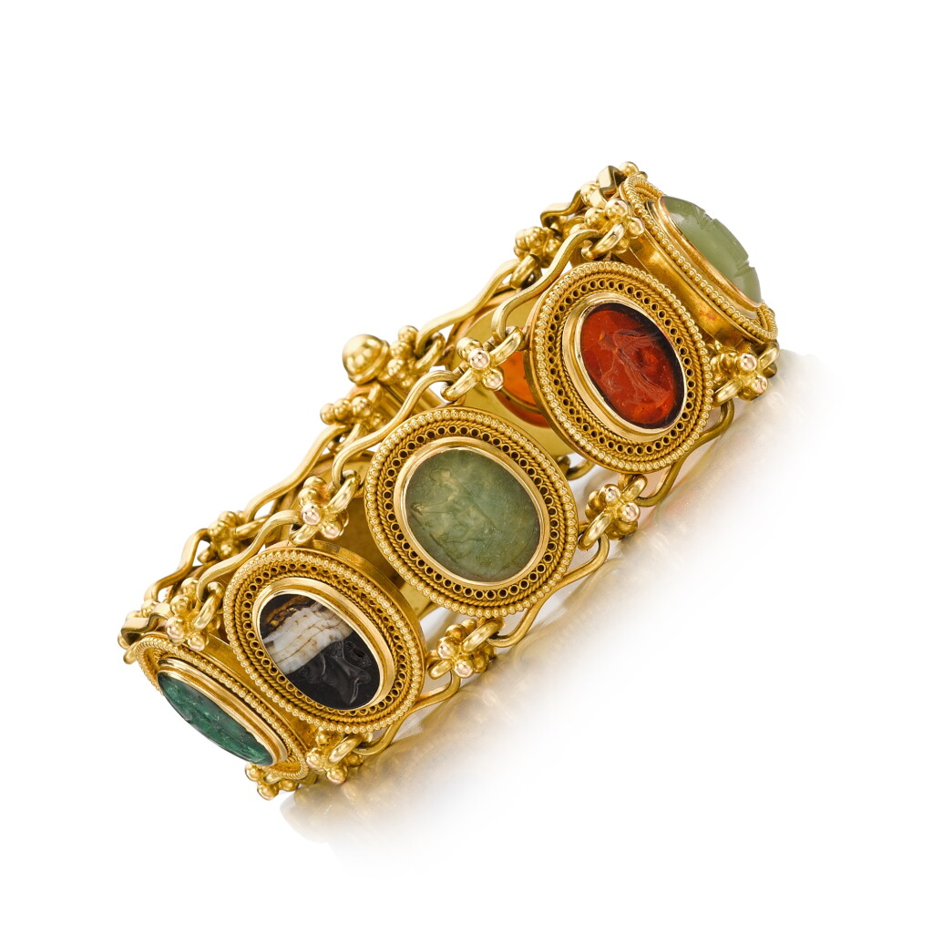 View full screen - View 1 of Lot 66. Archeological Revival gold and hardstone bracelet, 19th century, attributed to Ernesto Pierret.