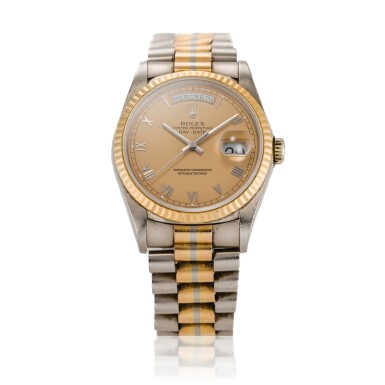 View full screen - View 1 of Lot 4. Reference 18239 Day-Date 'Tridor' | A white, pink and yellow gold automatic wristwatch with day, date and bracelet, Circa 1990 | 勞力士 18239 型號 Day-Date 'Tridor' | 白金、粉紅金及黃金自動上鏈鍊帶腕錶備星期及日期顯示,約1990年製.