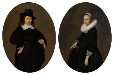 View full screen - View 1 of Lot 321. Portraits of a gentleman and a lady, three-quarter-length, each holding a glove, he in a black jacket and a black hat, she in a black dress with a white ruff collar and a head-dress .