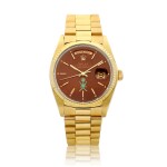Day-Date, Reference 18038, A yellow gold wristwatch with day, date, bracelet, oxblood "Stella" dial and later green stamp, Circa 1980 Day-Date | 勞力士 型號18038 黃金鏈帶腕錶,備日期、星期顯示及牛血紅 "Stella" 錶盤及後期綠色印記,約1980年製