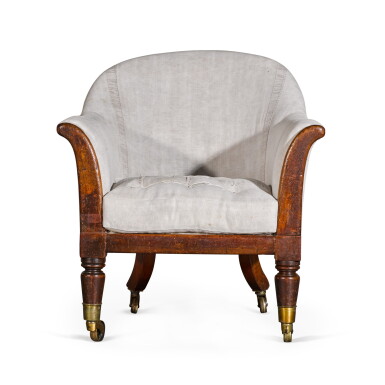 View full screen - View 1 of Lot 26. A LATE REGENCY MAHOGANY AND UPHOLSTERED LIBRARY TUB ARMCHAIR, SECOND QUARTER 19th CENTURY.
