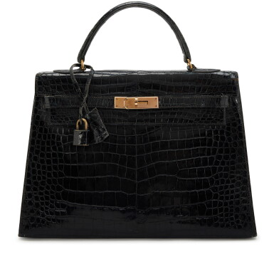 View full screen - View 1 of Lot 67. Vintage Black Shiny Crocodile Kelly 32 Sellier Gold Hardware, late 1950s - early 1960s.