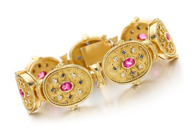 View full screen - View 1 of Lot 111. SAPPHIRE, PINK SAPPHIRE AND DIAMOND BRACELET, THEO FENNELL.