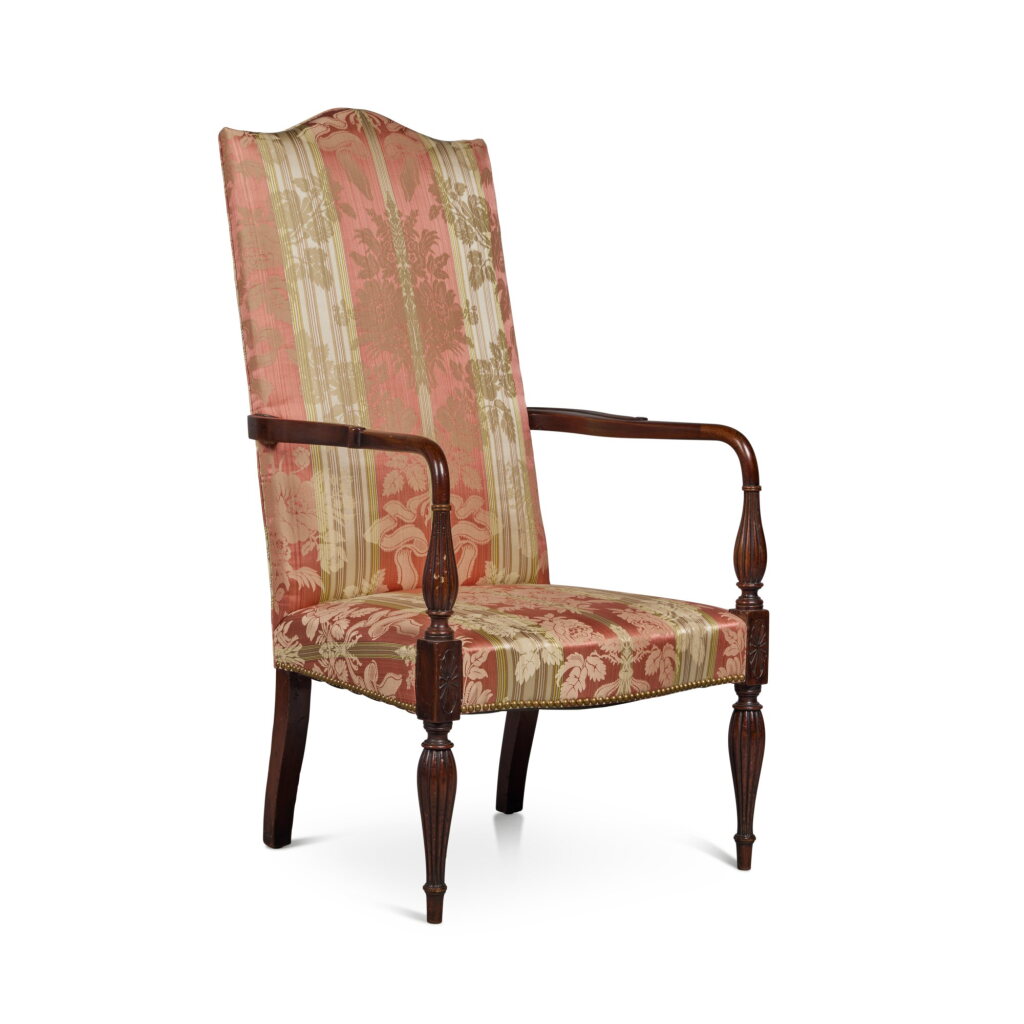 View full screen - View 1 of Lot 110. A Fine and Rare Federal Carved Mahogany Lolling Chair, Portsmouth, New Hampshire, Circa 1800.