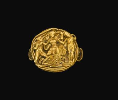 View full screen - View 1 of Lot 83. A HELLENISTIC GOLD RING WITH RELIEF DECORATION, CIRCA 3RD CENTURY B.C..