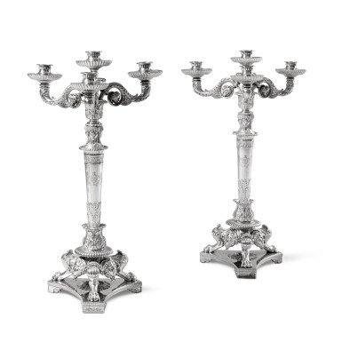 View full screen - View 1 of Lot 885. A pair of George III silver four-light candelabra from the Picton service, Paul Storr of Storr & Co., for Rundell, Bridge & Rundell, London, 1813.