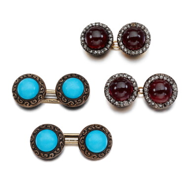 View full screen - View 1 of Lot 35. Pair of garnet and diamond cufflinks, late 19th century, and a pair of turquoise cufflinks.