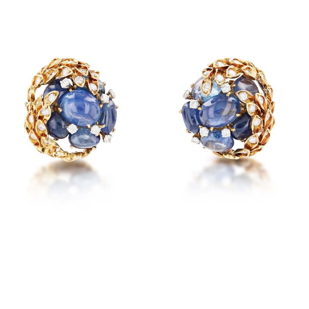 View full screen - View 1 of Lot 34. Pair of sapphire and diamond ear clips | Paire de clips d'oreille saphirs et diamants.