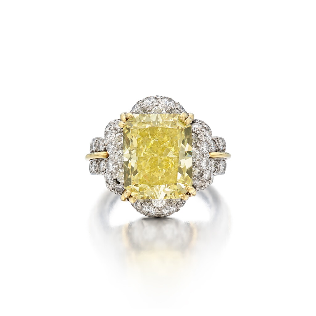 View full screen - View 1 of Lot 9. Fancy Intense Yellow Diamond and Diamond Ring.