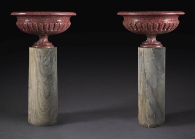 View full screen - View 1 of Lot 62. A PAIR OF LARGE SCALE ITALIAN CARVED RED EGYPTIAN PORPHYRY OVAL VASES ROME, 18TH CENTURY.