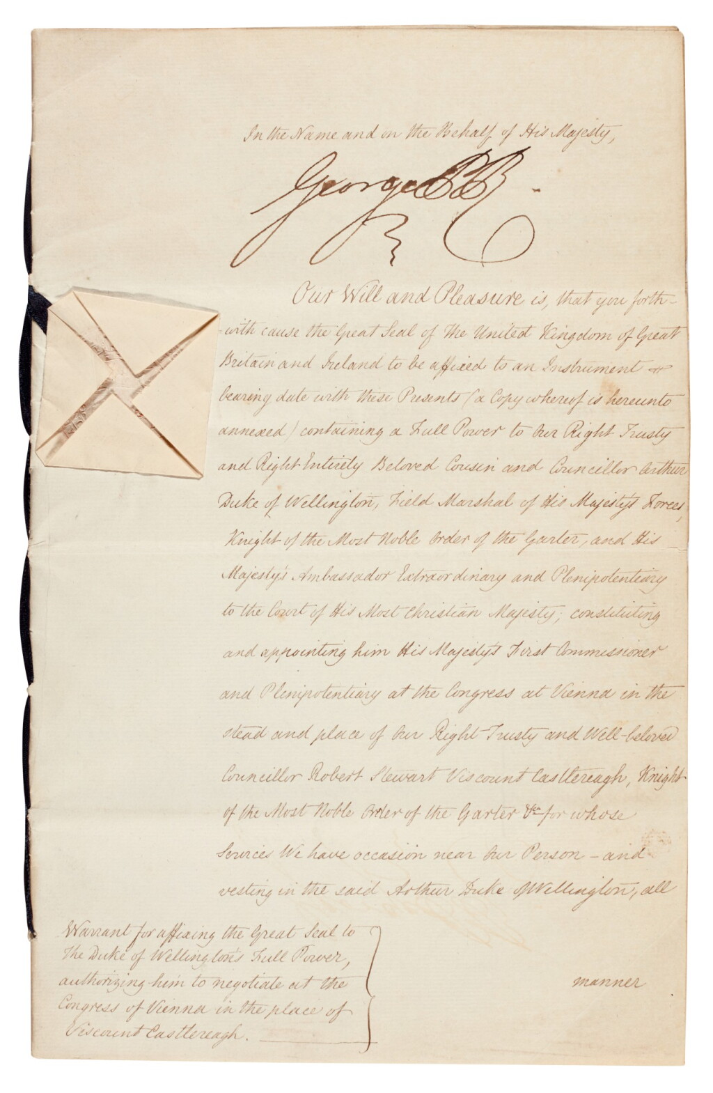 View full screen - View 1 of Lot 48. George IV, as Prince Regent | Document signed, authorising Wellington to negotiate at the Congress of Vienna, 1815.