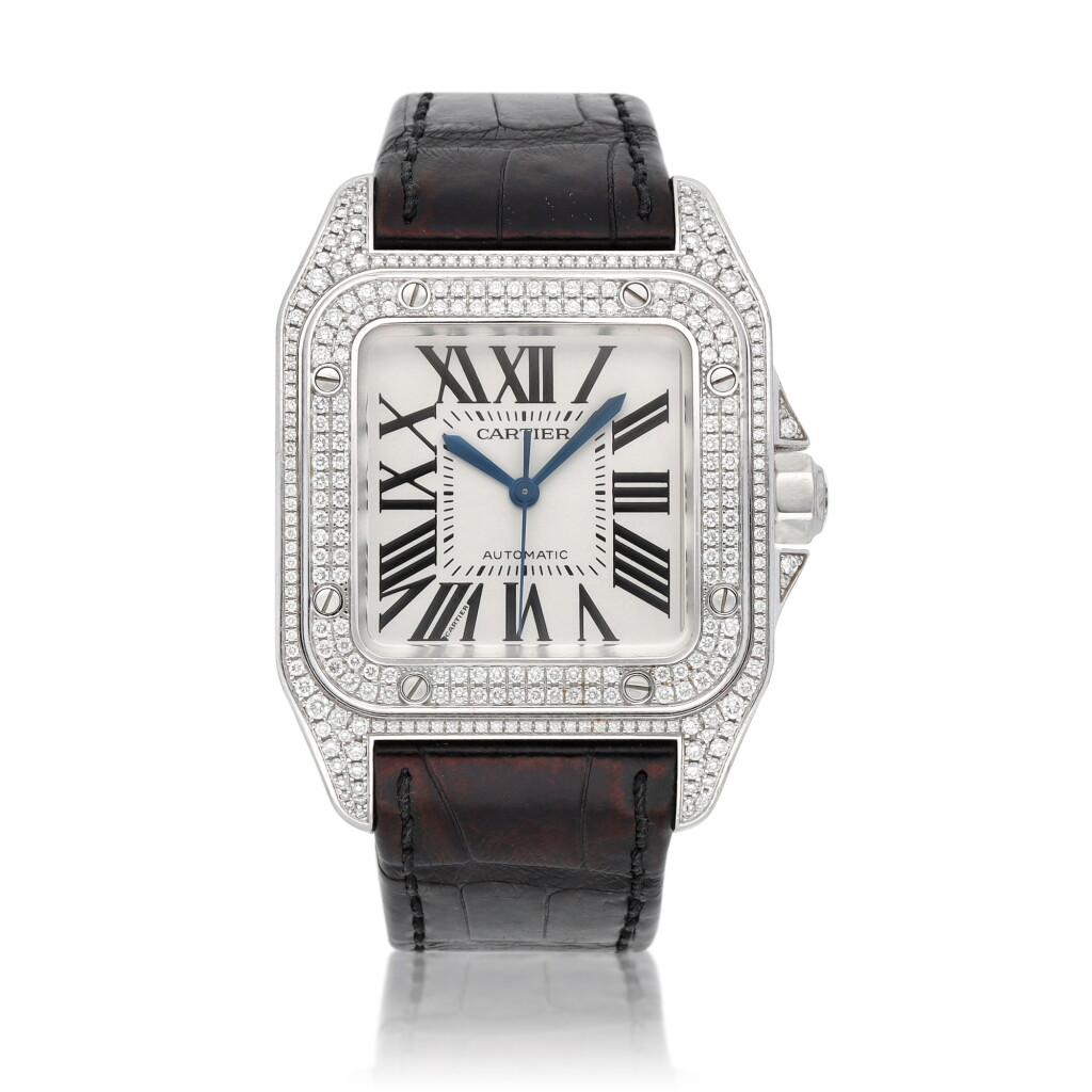 全螢幕檢視 - 查看37Santos 100, Ref. 2881 White gold and diamond-set wristwatch Circa 2006的1