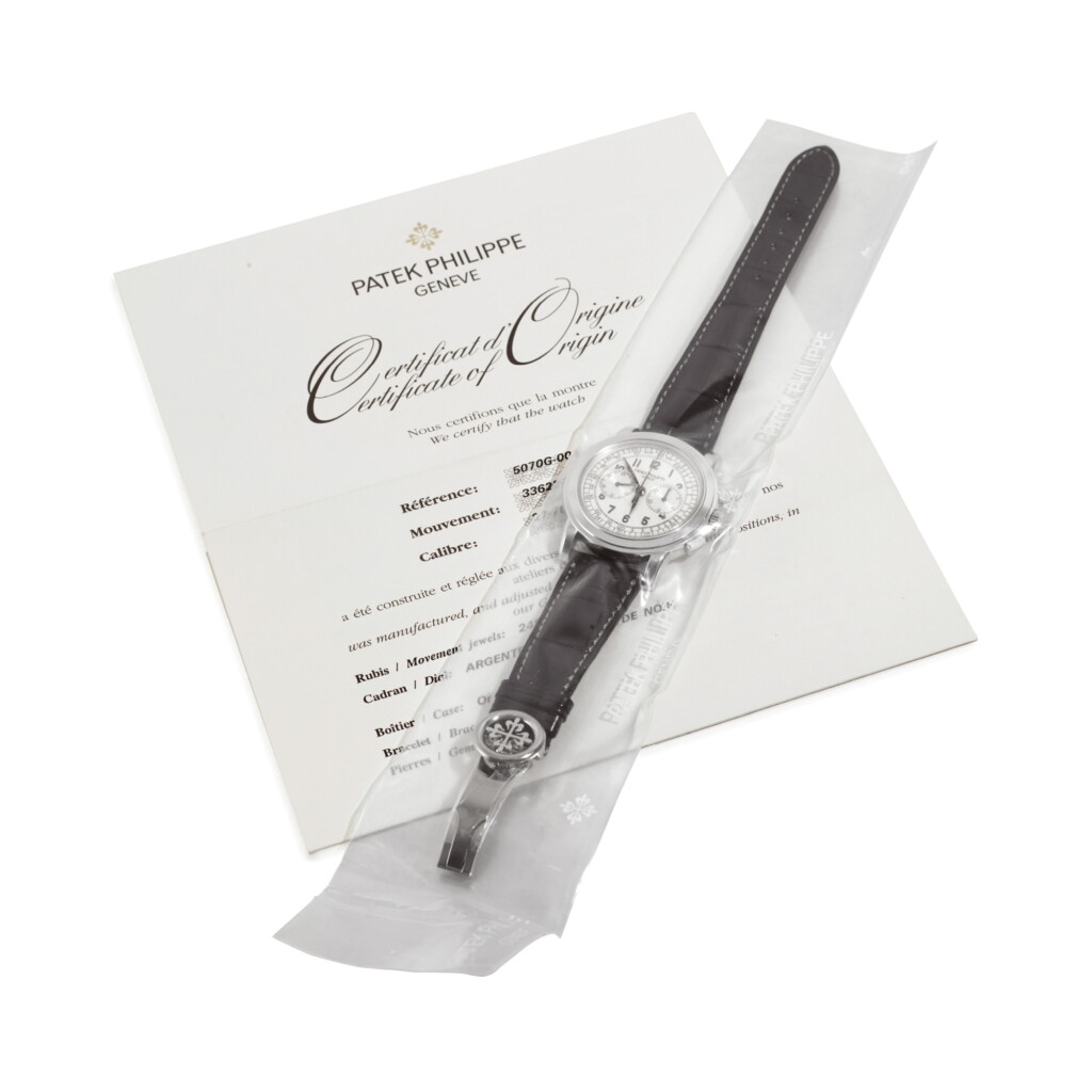 View full screen - View 1 of Lot 2068. PATEK PHILIPPE | REFERENCE 5070 A WHITE GOLD CHRONOGRAPH WRISTWATCH IN SERVICE SEAL, CIRCA 2005" | 百達翡麗 | 型號5070 白金計時腕錶,原廠保養密封,機芯編號3362270,錶殼編號4281069,約2005年製".