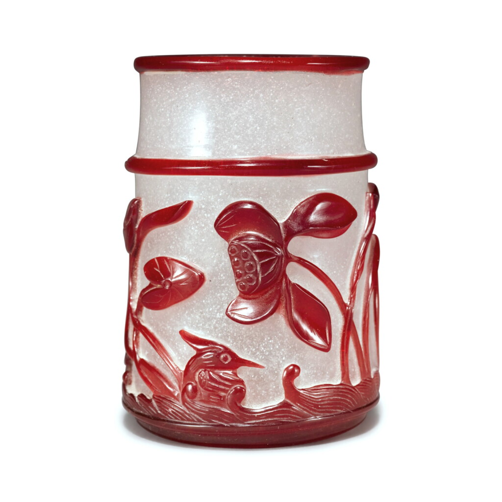 View full screen - View 1 of Lot 56. A red overlay snowflake glass 'lotus pond' brushpot, Qing dynasty, 19th century.