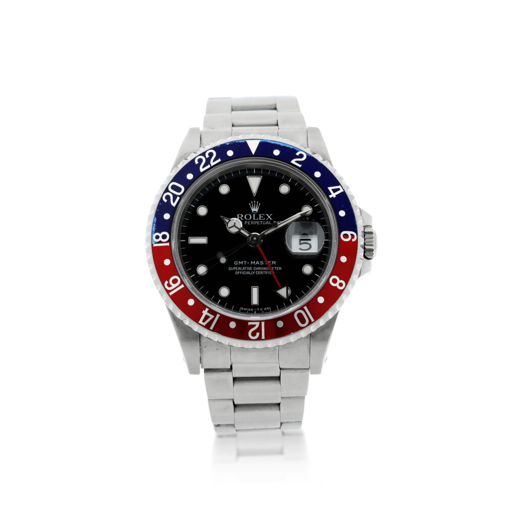 View full screen - View 1 of Lot 118. REFERENCE 16750 GMT-MASTER 'PEPSI' A STAINLESS STEEL AUTOMATIC DUAL TIME WRISTWATCH WITH DATE AND BRACELET, CIRCA 1970.