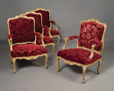View full screen - View 1 of Lot 785. A SET OF FOUR LOUIS XV CARVED GILTWOOD FAUTEUILS A LA REINE BY BOUCAULT, CIRCA 1735.