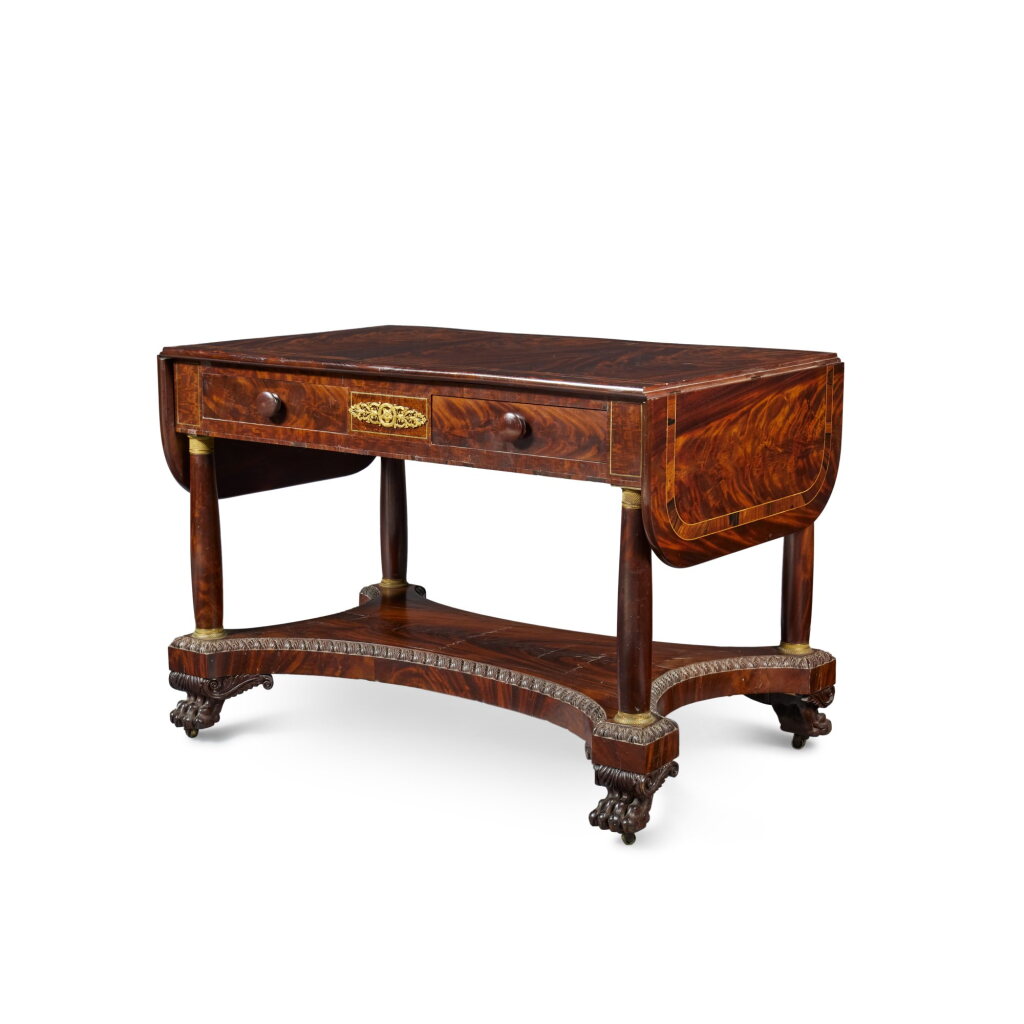 View full screen - View 1 of Lot 24. A Rare Classical Ormolu Mounted Carved and Inlaid Mahogany and Rosewood Sofa Table, New York, Circa 1815.