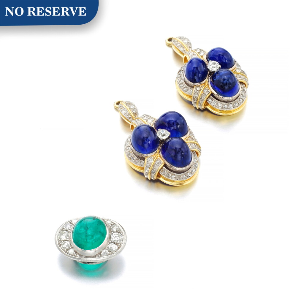 View full screen - View 1 of Lot 1148. Pair of sapphire and diamond pendants and an emerald and diamond button.