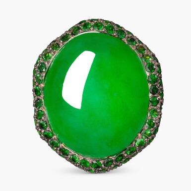 View full screen - View 1 of Lot 1721. Jadeite, Tsavorite Garnet and Diamond Ring | 天然「緬甸」翡翠 配 沙弗來石 及 鑽石 戒指.