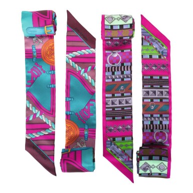 View full screen - View 1 of Lot 2. Hermès Set of Two Silk Twill Twilly Pairs: “Grande Tenue” and “Collier de Chiens” .