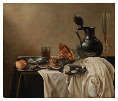 View full screen - View 1 of Lot 326. Still Life with a Gilt Tazza, a Pewter Jug and a Fluted Wine Glass, Together with a Lemon, a Bread Roll, Oysters and Tobacco on Plates, All on a Wooden Table Draped with Dark Green and White Cloths.
