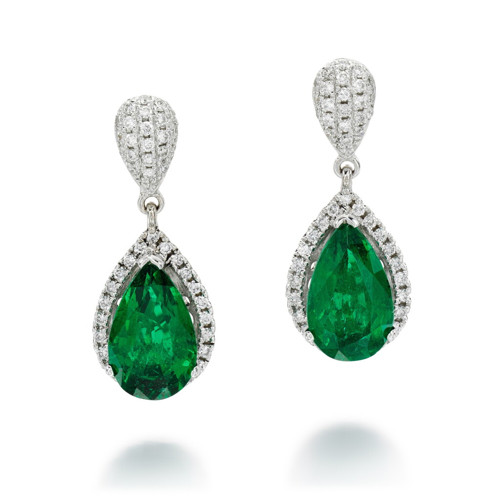 View full screen - View 1 of Lot 327. PAIR OF EMERALD AND DIAMOND EARRINGS.