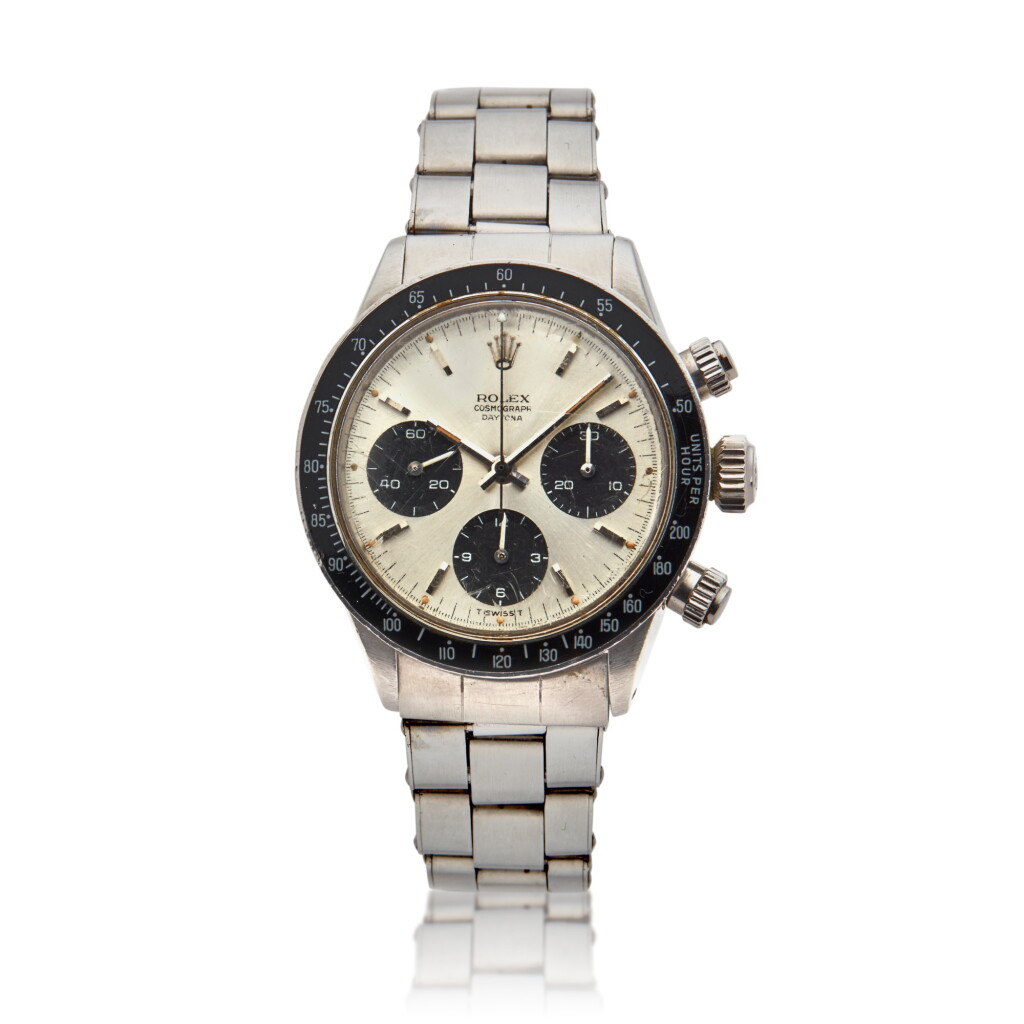 View full screen - View 1 of Lot 11. Reference 6240 'Small' Daytona, A stainless steel chronograph wristwatch with bracelet, Circa 1965.