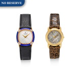 CORUM | A SET OF TWO YELLOW GOLD, LAPIS LAZULI AND DIAMOND-SET WRISTWATCH WITH MOTHER-OF-PEARL DIAL AND A YELLOW GOLD WRISTWATCH WITH METEORITE DIAL, CIRCA 1980