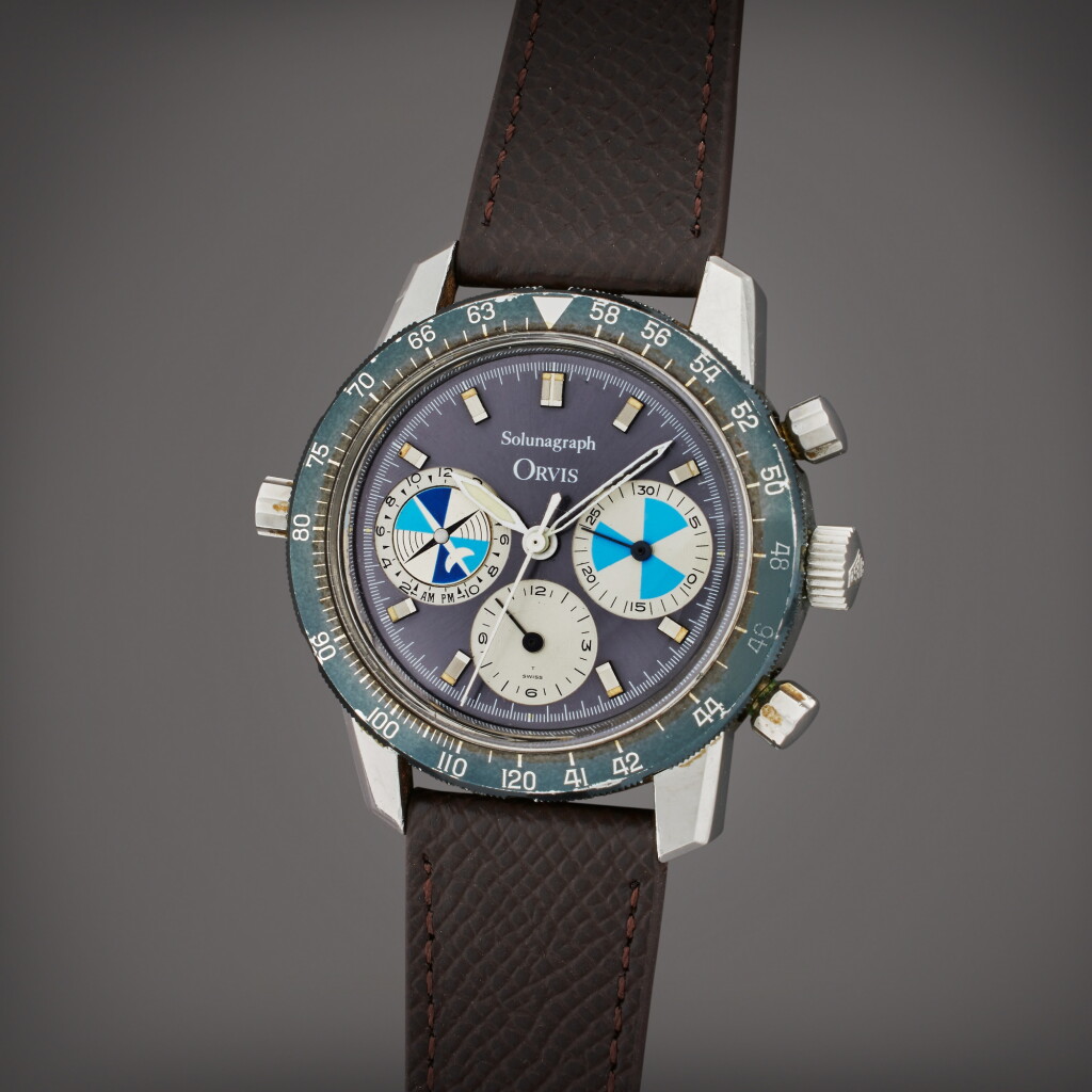 View full screen - View 1 of Lot 91. Reference 2446 SF Solunagraph | Retailed by Orvis: A stainless steel chronograph wristwatch with Day/Night indication, Circa 1970.