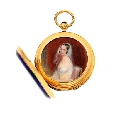 View full screen - View 1 of Lot 191. A gold and enamel hunting cased cylinder watch made to commemorate the 30th anniversary of the arrangement of marriage between princess charlotte of Prussia (later empress Alexandra Feodorovna) and grand duke Nicholas I Pavlovich (later tsar Nicholas I), the cuvette with painted portrait of empress Alexandra by Ivan Winberg Circa 1844, no. 65960.