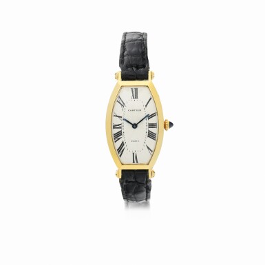 View full screen - View 1 of Lot 73. Tonneau A yellow gold wristwatch, Circa 1990.