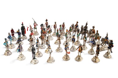 View full screen - View 1 of Lot 345. An Italian set of 35 soldiers and 5 riders in silver enamel by Guerci & Co, Alessandria, circa 1980 Ensemble de 35 soldats et 5 cavaliers en argent émaillé par Guerci & Co, Alessandria, vers 1980.