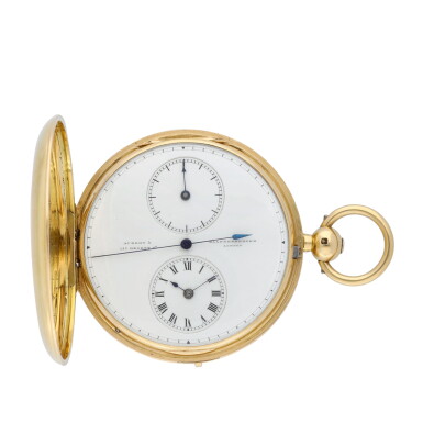 View full screen - View 1 of Lot 96. No. 5951 A gold hunting cased two-train duplex watch with independent dead centre seconds and regulator-type dial 1854.