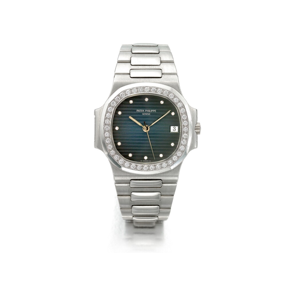 View full screen - View 1 of Lot 968. PATEK PHILIPPE | REF 3800/3 NAUTILUS A PLATINUM AND DIAMOND-SET AUTOMATIC BRACELET WATCH WITH DATE MADE IN 1989 | 百達翡麗 | 3800/3型號「NAUTILUS」鉑金鑲鑽石自動上鏈腕錶備日期顯示,1989年製.