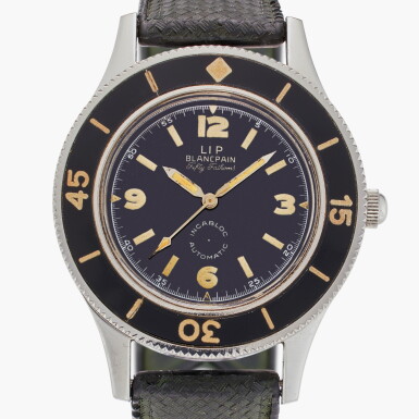 View full screen - View 1 of Lot 633. Fifty Fathoms ‘Incabloc Automatic’ | Retailed by LIP: A stainless steel automatic diver's wristwatch, Circa 1955.