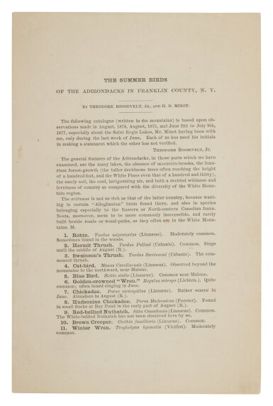 View full screen - View 1 of Lot 1069. Roosevelt, Jr., Theodore and H.D. Minot | Roosevelt's exceedingly rare first separate publication.
