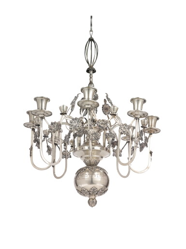 View full screen - View 1 of Lot 118. A CONTINENTAL SILVER EIGHT-LIGHT CHANDELIER, 20TH CENTURY.