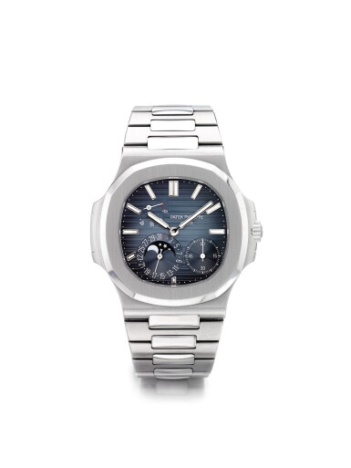 View full screen - View 1 of Lot 27. PATEK PHILIPPE | REFERENCE 5712 NAUTILUS A STAINLESS STEEL AUTOMATIC WRISTWATCH WITH DATE, POWER RESERVE INDICATION, MOON PHASES AND BRACELET, CIRCA 2011.