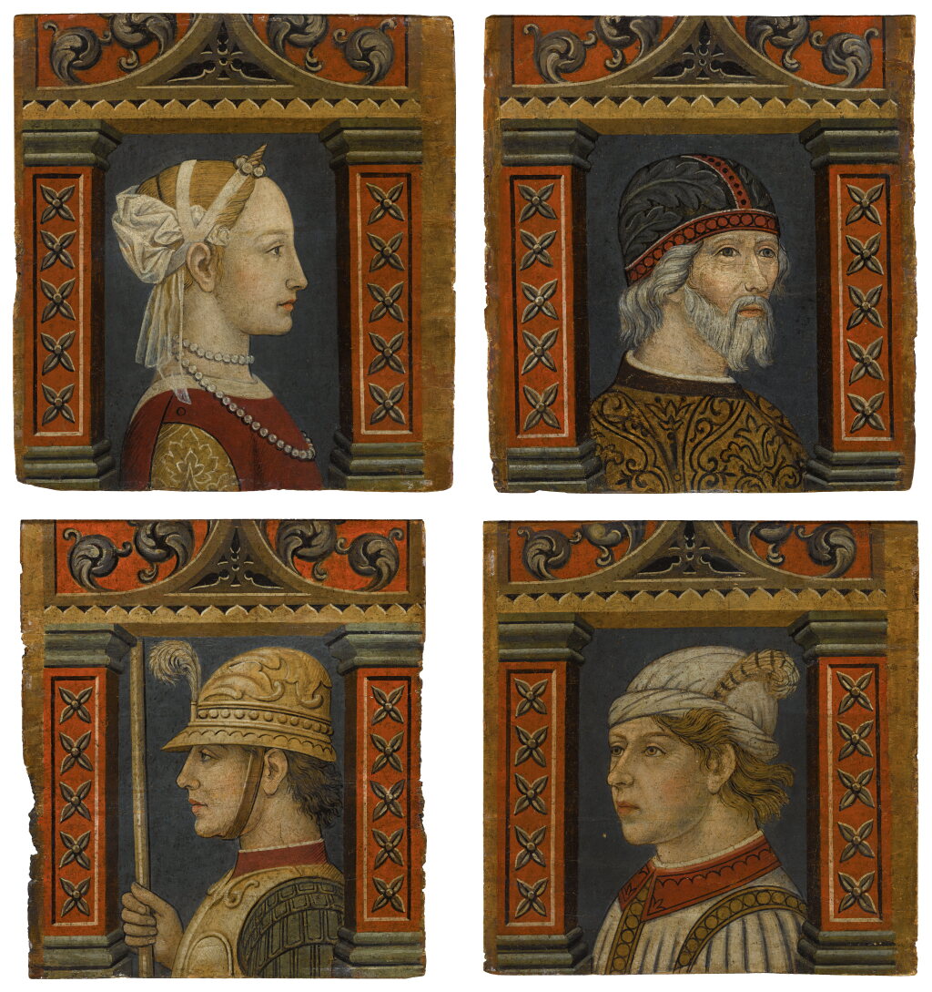 View full screen - View 1 of Lot 26. Set of four portraits from a decorative ceiling frieze, depicting a young lady, an old man, a soldier, and a boy.