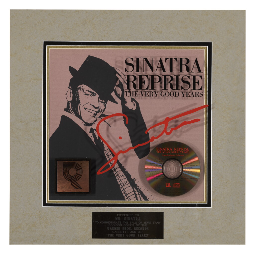 View full screen - View 1 of Lot 1134. THE REPRISE COLLECTION: THE VERY GOOD YEARS | GOLD AWARD PRESENTED TO FRANK SINATRA BY THE RECORDING INDUSTRY ASSOCIATION OF AMERICA TO COMMEMORATE THE SALE OF MORE THAN 500,000 COPIES OF THE 1991 WARNER BROS. ALBUM "SINATRA REPRISE: THE VERY GOOD YEARS".
