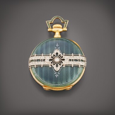 View full screen - View 1 of Lot 36. A ladies yellow gold, enamel, and diamond-set open faced watch, Circa 1915.