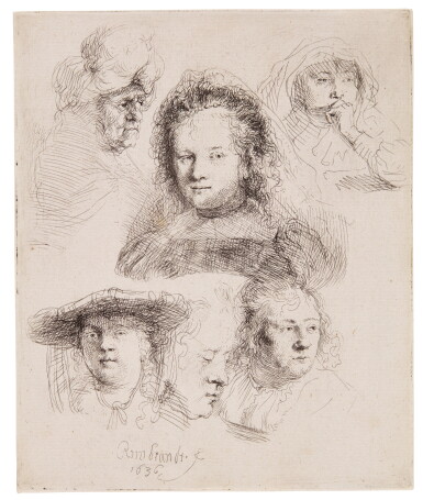 View full screen - View 1 of Lot 77. Studies of the Head of Saskia and Others (B., Holl. 365; New Holl. 157; H. 145).