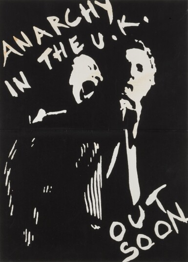 View full screen - View 1 of Lot 10. Jamie Reid | Anarchy in the UK promotional poster, 'out soon', summer 1976.