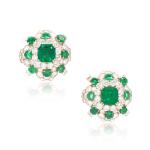 Pair of emerald and diamond ear clips