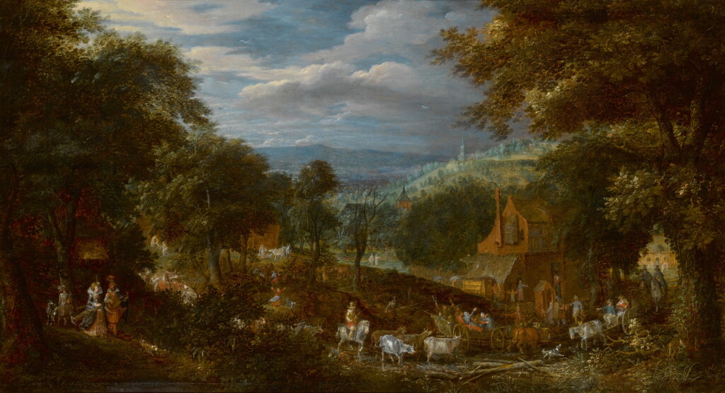 View full screen - View 1 of Lot 39. DAVID VINCKBOONS | A wooded landscape with elegant figures promenading, and villagers with their cattle.