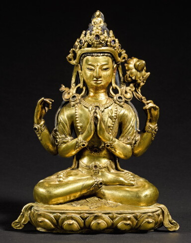 View full screen - View 1 of Lot 259. A GILT-BRONZE FIGURE OF SHADAKSHARI AVALOKITESHVARA QING DYNASTY, 17TH/18TH CENTURY | 清十七/十八世紀 鎏金銅四臂觀音坐像.